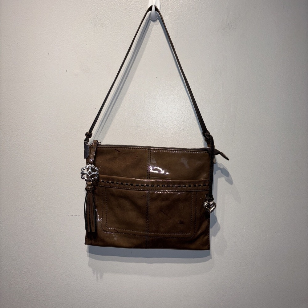 Brighton Brown Patent & Suede Shoulder Bag with Tassel Charm